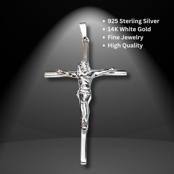 White Gold Women's Crucifix Cross Jesus Pendant Solid 925 Sterling Silver - Picture 4 of 10
